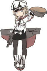 Rule 34 | 1girl, arm at side, arm up, black gloves, black pantyhose, black skirt, blonde hair, blue eyes, capelet, chibi, closed mouth, dongsa wonhyong, frown, full body, gloves, graf zeppelin (kancolle), hat, holding, kantai collection, long hair, long sleeves, machinery, military, military hat, military uniform, miniskirt, pantyhose, peaked cap, popped collar, shirt, simple background, skirt, solo, twintails, uniform, white background, white capelet, white shirt