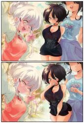 Rule 34 | 2koma, 3girls, :3, :d, anya (grs-), band shirt, bare shoulders, black hair, black shirt, black shorts, blanc (grs-), blue shirt, blush, breasts, brown eyes, brown hair, choker, clothes writing, collarbone, comic, commentary, controller, covering own mouth, curvy, dress, english commentary, english text, faceless, faceless female, floral print, grs-, hair ornament, hairclip, hand over own mouth, height difference, highres, holding, holding remote control, large breasts, looking at viewer, merchandise, mother and daughter, multiple girls, necktie, open mouth, original, pink eyes, polka dot, polka dot skirt, purple dress, raised eyebrows, red necktie, remote control, remote control vibrator, sex toy, shirt, short hair, short shorts, shorts, skirt, slayer (band), sleeveless, sleeveless shirt, smile, smirk, smug, standing, sweater, sweater vest, teeth, thighs, tree, trembling, upper teeth only, v, vibrator, vibrator under clothes, white hair, yuri