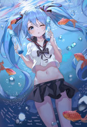 Rule 34 | 1girl, absurdres, air bubble, animal, black skirt, blouse, blue eyes, blue hair, bottle, bottle miku, breasts, bubble, crop top, crop top overhang, fish, freediving, goldfish, hair ribbon, hands up, hatsune miku, highres, holding, holding bottle, long hair, looking at viewer, lotpi, medium breasts, midriff, miniskirt, navel, one eye closed, parted lips, ribbon, sailor collar, shirt, short sleeves, skirt, solo, stomach, thighs, twintails, underwater, very long hair, vocaloid, water, water bottle, white shirt