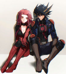 Rule 34 | 1boy, 1girl, against wall, black choker, black hair, black shirt, blonde hair, blue eyes, blue jacket, blue pants, bodysuit, boots, breasts, brown eyes, brown footwear, brown gloves, choker, cleavage, closed mouth, couple, eye contact, facial mark, fudo yusei, full body, gloves, grey background, hair intakes, hair ornament, hairpin, hetero, highres, izayoi aki, jacket, knee boots, long hair, looking at another, medium breasts, multicolored hair, naoki (2rzmcaizerails6), open clothes, open jacket, pants, partially unzipped, pilot suit, print shirt, red bodysuit, red hair, shirt, sitting, smile, spiked hair, two-tone hair, yu-gi-oh!, yu-gi-oh! 5d&#039;s