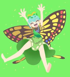 Rule 34 | 1girl, antennae, aqua hair, arms up, barefoot, blush stickers, butterfly wings, closed eyes, dress, eternity larva, fairy, full body, green background, green dress, highres, insect wings, leaf, leaf on head, multicolored clothes, multicolored dress, no lineart, open mouth, shinsei tomato, short hair, short sleeves, simple background, smile, solo, touhou, wings