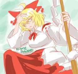 Rule 34 | 1girl, ahoge, artist name, blonde hair, bow, breasts, colored eyelashes, dress, gohei, hand in own hair, highres, japanese clothes, medium breasts, miko, necktie, ninose yasunori, red bow, satsuki rin, signature, simple background, sketch, touhou, weapon, white dress, yellow eyes