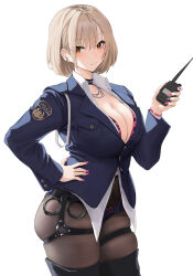 Rule 34 | 1girl, black choker, black pantyhose, black thighhighs, blue jacket, blue shorts, blush, bra, bracelet, breast pocket, breasts, chela77, choker, cleavage, closed mouth, collared shirt, commentary request, cuffs, hand on own hip, handcuffs, highres, holding walkie-talkie, jacket, jewelry, large breasts, light brown hair, long sleeves, looking at viewer, micro shorts, mole, mole under eye, nail polish, necklace, orange eyes, original, panties, pantyhose, pink bra, pink nails, pink panties, pocket, police, police uniform, policewoman, shirt, short hair, shorts, simple background, skindentation, thighhighs, thighs, underwear, uniform, walkie-talkie, white background, white shirt
