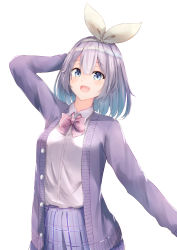 Rule 34 | 1girl, :d, absurdres, arm up, blue eyes, bow, bow hairband, bowtie, cardigan, cowboy shot, gradient hair, hairband, highres, looking at viewer, miniskirt, multicolored hair, nijisanji, nijisanji kr, nine (user smer5442), nun bora, nun bora (2nd costume), open cardigan, open clothes, open mouth, pink bow, pink bowtie, pleated skirt, purple cardigan, purple hair, purple skirt, school uniform, shirt, short hair, simple background, skirt, smile, solo, virtual youtuber, white background, white shirt