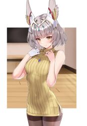 Rule 34 | 1girl, animal ears, bare shoulders, blunt bangs, blush, breasts, cat ears, chest jewel, covered navel, dress, facial mark, grey hair, highres, impossible clothes, matrix16, nia (xenoblade), pantyhose, short hair, skin tight, sleeveless, sleeveless dress, small breasts, solo, xenoblade chronicles (series), xenoblade chronicles 3, yellow eyes