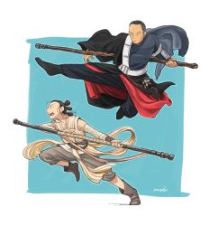Rule 34 | 1boy, 1girl, angry, animification, battle, blind, chirrut imwe, crossover, jumping, matsuri6373, rey (star wars), rogue one: a star wars story, running, science fiction, serious, shouting, signature, sketch, staff, star wars, star wars: the force awakens, time paradox, tunic