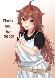Rule 34 | 1girl, apron, belt, black shirt, brown eyes, brown hair, dated, hair flaps, hairband, hand on own hip, highres, jewelry, kantai collection, long skirt, looking at viewer, nnm, official alternate costume, red hairband, ring, self-upload, shiratsuyu (kancolle), shiratsuyu kai ni (kancolle), shirt, skirt, v, wedding ring