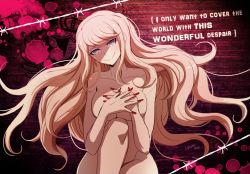 Rule 34 | barbed wire, bare arms, bare legs, bare shoulders, blanko!, blonde hair, blue eyes, bottomless, breasts, danganronpa: trigger happy havoc, danganronpa (series), danganronpa 3 (anime), enoshima junko, fake nails, fingernails, grey eyes, hair down, hands over breasts, large breasts, looking at viewer, nail polish, nude, red nails, simple background, smile, topless