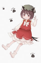 1girl :3 absurdres animal_ears arm_support awahara brown_eyes brown_hair cat_ears chen commentary full_body hand_up hat highres long_sleeves looking_at_viewer mob_cap paw_print paw_print_background petticoat puffy_long_sleeves puffy_sleeves red_skirt red_vest short_hair simple_background sitting skirt slit_pupils solo swept_bangs touhou vest white_background