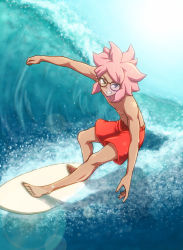 Rule 34 | 1boy, barefoot, glasses, grin, inazuma eleven (series), inazuma eleven go, male focus, maron (quintet colors), aged up, pink hair, smile, solo, surfboard, surfing, tsunami jousuke, water, waves