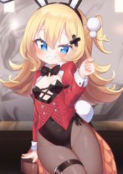 Rule 34 | 1girl, abercrombie (azur lane), abercrombie (mischief on the rocks) (azur lane), animal ears, azur lane, black hairband, black leotard, blonde hair, blue eyes, blush, breasts, brown pantyhose, commentary request, fake animal ears, grin, groin, hair between eyes, hair ornament, hairband, hand up, highres, jacket, juliet sleeves, kokone (coconeeeco), leotard, long sleeves, looking at viewer, one side up, pantyhose, playboy bunny, puffy sleeves, rabbit ears, rabbit tail, red jacket, small breasts, smile, solo, stool, strapless, strapless leotard, tail, x hair ornament