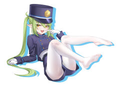 Rule 34 | 1girl, absurdres, armband, black hat, blue archive, blush, breasts, demon tail, feet, full body, gloves, green hair, halo, hat, highres, long hair, long sleeves, looking at viewer, nozomi (blue archive), open mouth, pantyhose, peaked cap, simple background, small breasts, smile, soles, solo, tail, toes, white background, white pantyhose, yaxiya