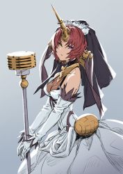 Rule 34 | 1girl, bare shoulders, blue eyes, breasts, bridal veil, cleavage, dress, elbow gloves, fate/grand order, fate (series), frankenstein&#039;s monster (fate), gloves, hair between eyes, heterochromia, highres, holding, holding weapon, horns, long dress, looking at viewer, medium breasts, red hair, robo8, see-through, see-through cleavage, short hair, single horn, sleeveless, sleeveless dress, solo, veil, weapon, wedding dress, yellow eyes
