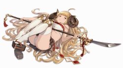 Rule 34 | 10s, 1girl, anila (granblue fantasy), ass, bare arms, bare shoulders, blonde hair, draph, granblue fantasy, highres, horns, legs up, long hair, looking at viewer, lying, midriff, naginata, on back, panties, pantyshot, polearm, shoe dangle, shoes, simple background, single shoe, skirt, solo, strapless, thighhighs, thighs, tube top, u jie, underwear, very long hair, weapon, white panties, white thighhighs, yellow eyes