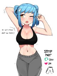 Rule 34 | 1girl, absurdres, arm behind head, arms up, bare shoulders, black bra, blue hair, blush, bra, breasts, cleavage, collarbone, contrapposto, cowboy shot, english text, full body, grey pants, hair ornament, hairclip, highres, ii (peps art), large breasts, light blue hair, looking to the side, meme, midriff, multicolored nails, nail polish, navel, navel piercing, one eye closed, open mouth, orange eyes, original, pants, panty straps, peps art, piercing, short twintails, sidelocks, solo, sports bra, stretching, sweatpants, swept bangs, thigh gap, twintails, twitter strip game (meme), twitter username, underwear, yawning