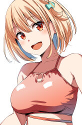 Rule 34 | 1girl, belko, bikini, blonde hair, breasts, collarbone, fish hair ornament, hair between eyes, hair ornament, highres, large breasts, looking at viewer, lycoris recoil, nishikigi chisato, official alternate costume, open mouth, red bikini, red eyes, short hair, sidelocks, simple background, swimsuit, upper body, white background