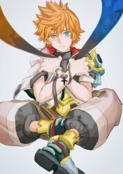Rule 34 | 1boy, armor, armored boots, asymmetrical armor, asymmetrical arms, belt, black shirt, blonde hair, blue eyes, blue ribbon, boots, brown pants, brown ribbon, checkered wristband, crossed arms, crossed legs, expressionless, heterochromia, highres, holding, holding ribbon, jacket, kingdom hearts, kingdom hearts birth by sleep, male focus, nishinsobha, open clothes, open jacket, pants, puffy pants, ribbon, shirt, shoes, short hair, shoulder armor, simple background, sitting, solo, spiked hair, tattoo, turtleneck, ventus (kingdom hearts), white jacket, wristband, yellow eyes