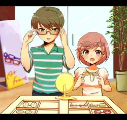 Rule 34 | 1boy, 1girl, adjusting eyewear, aged down, brown hair, door, eyewear on head, glass door, glasses, green eyes, green shirt, height difference, konno tamao, letterboxed, mirror, pink eyes, pink hair, plant, poster (object), potted plant, protagonist (tokimemo gs3), shirt, short hair, striped clothes, striped shirt, tokimeki memorial, tokimeki memorial girl&#039;s side 3rd story, yamayu (razikuro)