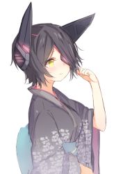 Rule 34 | 10s, 1girl, 3:, alternate costume, black hair, eyepatch, twirling hair, headgear, japanese clothes, kantai collection, kimono, kojiki-life, playing with own hair, simple background, solo, tenryuu (kancolle), white background, yellow eyes