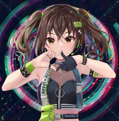 Rule 34 | 1girl, armpits, asymmetrical gloves, black nails, black wristband, blush, bow, breasts, brown eyes, brown hair, cleavage, cropped jacket, earrings, finger frame, gloves, green nails, green wristband, hair between eyes, hair ornament, half gloves, headset, idolmaster, idolmaster cinderella girls, idolmaster cinderella girls starlight stage, jewelry, lightning bolt symbol, long hair, looking at viewer, mole, mole under eye, multicolored background, multicolored nails, necklace, o-ring, o-ring top, rocomani, simple background, small breasts, solo, standing, sunazuka akira, twintails, uneven gloves
