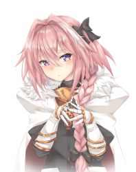 Rule 34 | 1boy, absurdres, astolfo (fate), bad id, bad pixiv id, black bow, black ribbon, black shirt, blush, bow, braid, buckle, cloak, closed mouth, commentary request, fate/apocrypha, fate (series), frown, fur collar, gauntlets, hair between eyes, hair bow, hair intakes, hair over shoulder, hair ribbon, hands up, head tilt, highres, long hair, long sleeves, looking at viewer, male focus, multicolored hair, pink hair, purple eyes, red cloak, ribbon, shirt, sidelocks, simple background, single braid, solo, steepled fingers, streaked hair, sutetete, trap, upper body, white background, white cloak, white hair