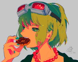 Rule 34 | 1girl, aqua nails, bead necklace, beads, collarbone, commentary request, dated, donut hole (vocaloid), doughnut, eating, eyebrows, food, food in mouth, goggles, goggles on head, green eyes, green hair, green shirt, grey background, gumi, hand up, highres, holding, holding food, jewelry, looking away, mago oowarawa, nail polish, necklace, portrait, shirt, short hair, signature, simple background, solo, teeth, upper teeth only, vocaloid
