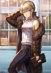 Rule 34 | 1girl, artoria pendragon (all), artoria pendragon (fate), bag, bare shoulders, belt, black ribbon, blonde hair, blurry, blurry background, breasts, brown coat, coat, day, denim, expressionless, fate/grand order, fate/stay night, fate (series), fur-trimmed coat, fur trim, hair between eyes, hair ribbon, handbag, highres, holding, holding bag, jeans, long coat, long hair, looking at viewer, mashuu (neko no oyashiro), medium breasts, off shoulder, open clothes, open coat, outdoors, pants, ribbon, saber alter, sidelocks, signature, solo, standing, standing on one leg, sweater, sweater vest, turtleneck, turtleneck sweater, twitter username, walking, white sweater, yellow eyes