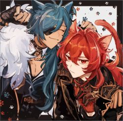 Rule 34 | 2boys, animal ears, ayano (katou), black gloves, blue hair, cat ears, cat tail, closed eyes, closed mouth, collar, dark-skinned male, dark skin, diluc (genshin impact), earrings, eyepatch, fingerless gloves, genshin impact, gloves, hair between eyes, jacket, jewelry, kaeya (genshin impact), long hair, male focus, multicolored hair, multiple boys, paw pose, paw print, ponytail, red collar, red eyes, red hair, simple background, single earring, smile, streaked hair, tail, two-tone background, upper body