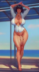 Rule 34 | 1girl, absurdres, arms up, artist name, barefoot, beach, black hair, blue eyes, bottomless, breasts, capcom, collar, covered erect nipples, curvy, devil may cry, devil may cry (series), devil may cry 4, female focus, foreskin, full body, futanari, heterochromia, highres, huge breasts, jewelry, kupocun, lady (devil may cry), large breasts, large penis, navel, necktie, outdoors, patreon username, penis, red eyes, scar, shirt, short hair, solo, thick thighs, thighhighs, thighs, toes, veins, veiny penis, watermark, web address, wide hips