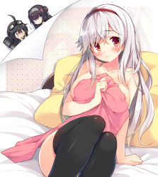 Rule 34 | 3girls, ahoge, anna (sennen sensou aigis), bed sheet, black legwear, blush, breasts, character request, chiri (atlanta), commentary request, covered erect nipples, hair bun, hairband, head tilt, large breasts, long hair, looking at viewer, mini person, minigirl, multiple girls, naked blanket, naked sheet, open mouth, parted lips, red eyes, sennen sensou aigis, silver hair, single hair bun, smile, thighhighs