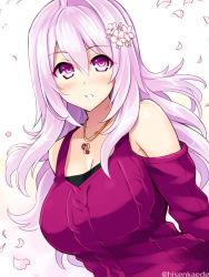 Rule 34 | 1girl, bare shoulders, blush, breasts, cherry blossoms, cleavage, cu-no, detached sleeves, flower, hair flower, hair ornament, hisen kaede, jewelry, kikyou-0423, large breasts, long hair, looking at viewer, necklace, petals, pink hair, purple eyes, sketch, solo, upper body, yayoi sakura