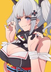 Rule 34 | 1girl, blue eyes, blue nails, breasts, cleavage, cleavage cutout, clothing cutout, fang, goten (510gensoku), grey hair, hair ornament, hairclip, hands up, kaguya luna, looking at viewer, medium hair, multicolored nails, nail polish, red nails, sidelocks, simple background, solo, the moon studio, upper body, virtual youtuber, white nails, yellow background, youtube