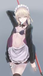 Rule 34 | 1girl, apron, arm behind head, artoria pendragon (alter swimsuit rider) (fate), artoria pendragon (alter swimsuit rider) (second ascension) (fate), artoria pendragon (fate), black bra, black jacket, black ribbon, black skirt, black thighhighs, blonde hair, bra, breasts, choker, cleavage, cowboy shot, fate/grand order, fate (series), food, frilled apron, frilled bra, frills, grey background, hair between eyes, highres, holding, holding weapon, ice cream, jacket, maid headdress, miniskirt, mouth hold, neck ribbon, open clothes, open jacket, polearm, ribbon, rinsu (kilakira13), short hair with long locks, sideboob, simple background, skirt, small breasts, solo, spear, standing, thigh strap, thighhighs, underwear, weapon, white apron, yellow eyes