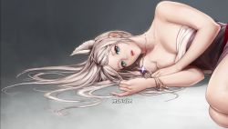 Rule 34 | 00s, 1girl, animal ears, artist name, bare shoulders, blue eyes, bracelet, breasts, close-up, collarbone, dress, dungeon and fighter, eyelashes, female gunner (dungeon and fighter), glint, gradient background, gunner (dungeon and fighter), highres, jewelry, korean clothes, large breasts, long hair, looking at viewer, lying, monaim, necklace, on side, parted lips, pendant, pink lips, shiny skin, silver hair, solo, strapless, strapless dress