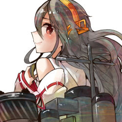 1girl anti-aircraft anti-aircraft_gun back bare_shoulders black_hair brown_eyes camouflage cannon detached_sleeves hair_ornament hairband hairclip haruna_(kancolle) itomugi-kun japanese_clothes kantai_collection long_hair looking_back nontraditional_miko ship_turret smile solo