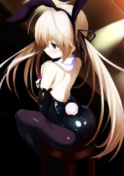 Rule 34 | 1girl, absurdres, animal ears, ass, back, bare shoulders, black background, black gloves, black ribbon, blonde hair, brown eyes, commentary, elbow gloves, fake animal ears, from behind, gloves, hair ribbon, highres, kasugano sora, leotard, long hair, looking to the side, pantyhose, parted lips, playboy bunny, rabbit ears, ribbon, shimejinameko, shiny clothes, shoulder blades, sitting, solo, stool, twintails, yosuga no sora