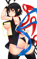 Rule 34 | 1girl, ahoge, arm up, ass, asymmetrical wings, bare shoulders, black bra, black dress, black hair, black panties, black thighhighs, blue wings, blush, bra, breasts, commentary request, cowboy shot, daichi (tokoya), dress, hair between eyes, highres, holding, holding weapon, houjuu nue, large breasts, looking at viewer, micro bra, microdress, panties, parted lips, pointy ears, polearm, red eyes, red wings, revealing layer, short hair, simple background, solo, standing, thighhighs, thighs, touhou, trident, underwear, weapon, white background, wings, wristband