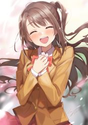 Rule 34 | 1girl, :d, ^ ^, absurdres, blazer, blurry, blurry background, blush, bow, bowtie, brown hair, brown jacket, closed eyes, commentary request, depth of field, facing viewer, floating hair, hands on own chest, head tilt, highres, idolmaster, idolmaster cinderella girls, jacket, long hair, long sleeves, motion blur, one side up, open mouth, outdoors, own hands together, pomu (joynet), red bow, red bowtie, red skirt, round teeth, school uniform, shimamura uzuki, signature, skirt, smile, solo, teeth, upper teeth only, wind
