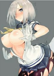 Rule 34 | 10s, 1boy, 1girl, admiral (kancolle), animated, animated gif, black pantyhose, blue eyes, blush, bouncing breasts, breasts, fingering, gloves, grey background, grey hair, hair ornament, hair over one eye, hairclip, hamakaze (kancolle), hetero, inayama, kantai collection, large breasts, lowres, nipples, one eye closed, open clothes, open shirt, pantyhose, school uniform, serafuku, shirt, short hair, simple background, torn clothes, torn legwear, trembling, unbuttoned, white gloves, wink
