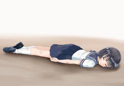 Rule 34 | 1girl, :o, arms at sides, black hair, black shorts, blue sailor collar, blue skirt, blush, closed eyes, commentary request, dirty, dirty clothes, dirty face, full body, highres, kneehighs, lying, on ground, on stomach, original, parted lips, pleated skirt, sailor collar, school uniform, sekira ame, serafuku, shirt, shoe soles, short hair, short sleeves, shorts, skirt, socks, solo, white shirt, white socks