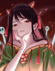 Rule 34 | 1girl, absurdres, black hair, collarbone, fire, green shirt, hair ornament, hand on own chin, highres, horns, long hair, looking at viewer, nippaku zanmu, oni, oni horns, red eyes, shirt, skull, solo, straight hair, torinari (dtvisu), touhou, unfinished dream of all living ghost, yellow horns