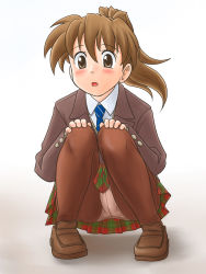 Rule 34 | 1girl, :o, blue necktie, blush, brown eyes, brown hair, crotch seam, green skirt, hands on own knees, lielos, loafers, multicolored clothes, multicolored skirt, necktie, open mouth, original, panties, panties under pantyhose, pantyhose, pantyshot, plaid, plaid skirt, pleated skirt, poniko (lielos), ponytail, red skirt, school uniform, shoes, sitting, skirt, solo, squatting, underwear, upskirt, white panties