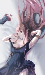 Rule 34 | 1girl, absurdres, armpits, arms up, artist request, bed, bed sheet, black dress, breasts, cleavage, cup, dress, drinking glass, eris greyrat, highres, large breasts, long hair, looking at viewer, lying, mushoku tensei, red eyes, red hair, solo, spilled drink, very long hair, wine glass
