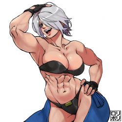 Rule 34 | 1girl, abs, angel (kof), biceps, bra, breasts, chaps, fingerless gloves, gloves, hair over one eye, highres, jamrolypoly, large breasts, muscular, muscular female, navel, snk, solo, strapless, strapless bra, thighs, toned, underwear, white hair