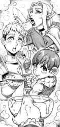 Rule 34 | 1girl, 3boys, bowl, cheekbones, chilchuck tims, dungeon meshi, eating, food, greyscale, highres, ireading, laios touden, licking plate, marcille donato, monochrome, multiple boys, pie, pointy ears, pov, senshi (dungeon meshi)