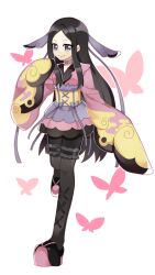 Rule 34 | 1girl, black hair, black pantyhose, boots, bug, butterfly, choker, closed mouth, creatures (company), full body, game freak, insect, japanese clothes, kimono, long hair, long sleeves, looking at viewer, nintendo, pantyhose, pokemon, pokemon xy, purple choker, purple eyes, purple kimono, sakuraihum, sleeves past fingers, sleeves past wrists, smile, solo, thigh boots, valerie (pokemon)