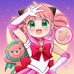 Rule 34 | 1girl, anya (spy x family), bishoujo senshi sailor moon, blush, bow, brooch, choker, collarbone, cosplay, director chimera (spy x family), dress, earrings, gloves, green eyes, hair ornament, hand on own hip, heart, heart choker, highres, jewelry, leotard, long hair, looking at viewer, moon, moonlight, night, open mouth, peanut, pink hair, pink skirt, sailor chibi moon, sailor chibi moon (cosplay), sailor dress, salure, skirt, sky, speech bubble, spy x family, star (sky), starry sky, teeth, twintails, v, waist bow, white leotard