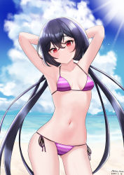 Rule 34 | 1girl, armpits, arms up, artist name, beach, bikini, black hair, blush, breasts, counter:side, dated, gluteal fold, highres, lily (counter:side), long hair, looking at viewer, navel, neko huan, outdoors, presenting armpit, red eyes, small breasts, solo, striped bikini, striped clothes, swimsuit, wet