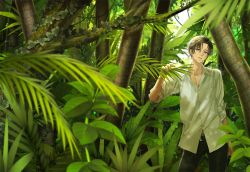 Rule 34 | 1boy, black pants, brown eyes, brown hair, collarbone, day, forest, green theme, leaf, looking at viewer, male focus, minamibe, moss, nature, original, outdoors, pants, shirt, solo, standing, tree, white shirt