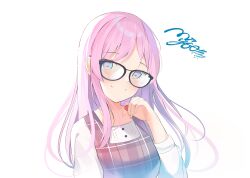 Rule 34 | 1girl, absurdres, bang dream!, bang dream! it&#039;s mygo!!!!!, blue eyes, chihaya anon, closed mouth, commentary request, copyright name, dress, glasses, grey dress, highres, long hair, long sleeves, looking at viewer, pinafore dress, pink hair, rupinn art, sidelocks, simple background, sleeveless, sleeveless dress, solo, upper body, white background